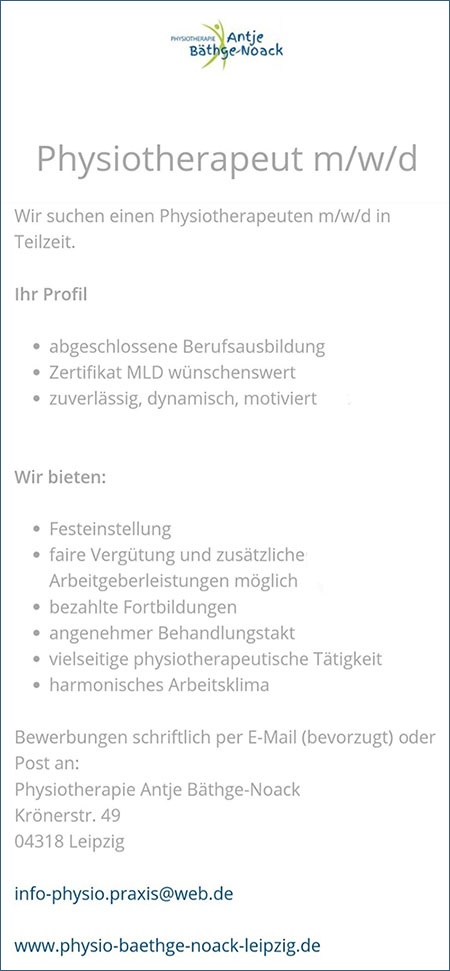 Stellenanzeige - Praxis für Physiotherapie in 04318 Leipzig